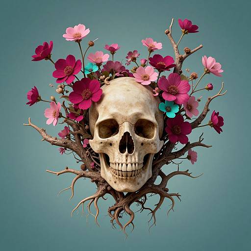 Digital artwork of a human skull adorned with vibrant pink, purple, and blue flowers emerging from twisted, leafless branches against a blue gradient background.