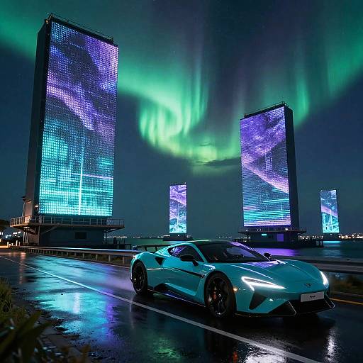 Electric Rimac Nevera under Aurora with Holographic Billboards