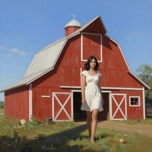 Digital painting of a young woman with dark hair, wearing a white dress, standing in front of a red barn with white trim on a sunny, blue