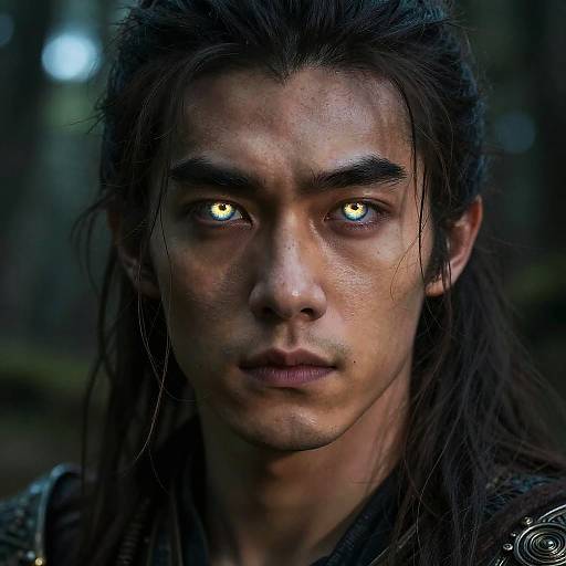 Photograph of a young man with long, dark hair, intense amber eyes, and a serious expression in a dimly lit forest.