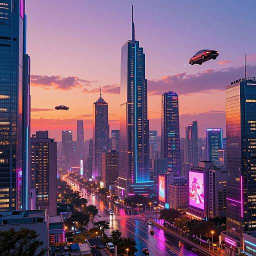 Vibrant Cyberpunk Cityscape at Sunset