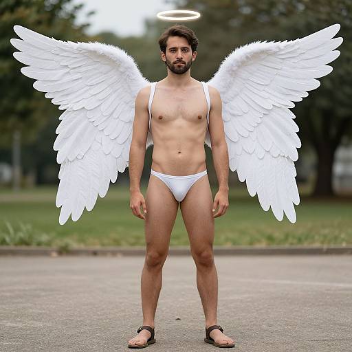 Photograph of a bearded man with white angel wings, white thong, black sandals, and halo, standing in a park.