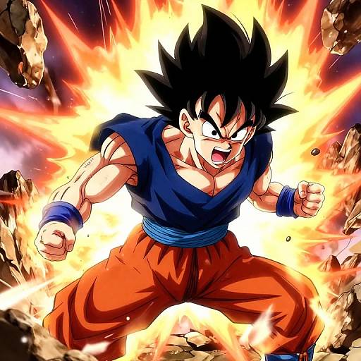 Digital anime-style drawing of Super Saiyan Goku, muscular with black spiky hair, blue vest, and orange pants, surrounded by explosive fire and broken