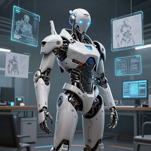 CGI image of a futuristic white and black humanoid robot with blue glowing accents, standing in a high-tech lab with holographic blue diagrams floating around.