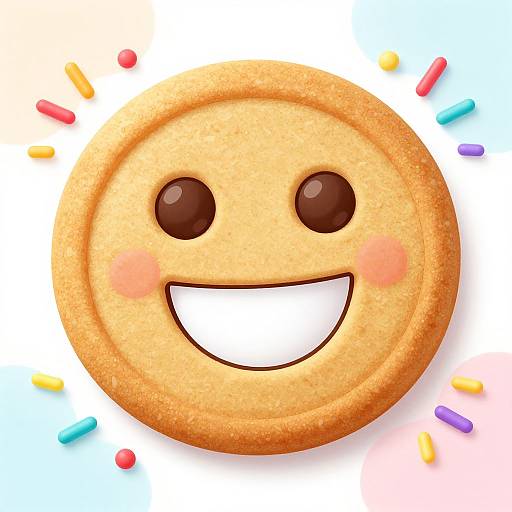 Digital illustration of a cheerful, smiling cookie with round brown eyes, pink blush, and white teeth. Background features colorful sprinkles on a gradient blue-white