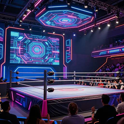 Photograph of a neon-lit professional wrestling ring with bright blue and pink geometric patterns, a packed audience, and two wrestlers in the ring.
