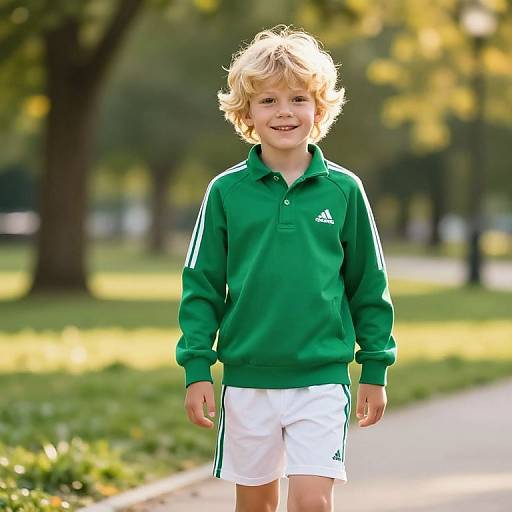 Photograph of a smiling blond-haired boy in a green Adidas track jacket and white shorts, standing on a sunny park path.