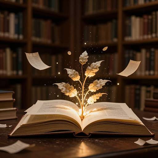 Photograph of an open book glowing with light, white flowers emerging, surrounded by floating pages in a dim, book-filled library.