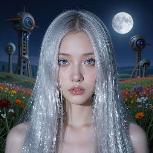 Digital artwork of a pale-skinned, silver-haired young woman with blue eyes, staring forward under a full moon, surrounded by robotic structures and a colorful