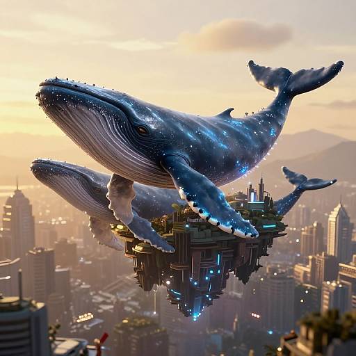 Digital art of a massive, glowing blue whale with bioluminescent patterns, carrying a futuristic floating city above a sprawling, sunlit cityscape.