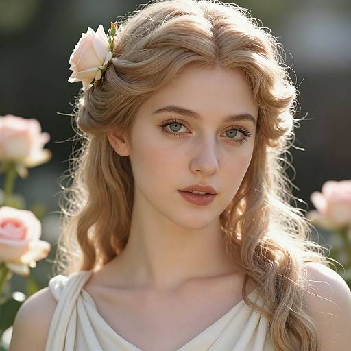 Photograph of a fair-skinned, blue-eyed, blonde woman with wavy hair, wearing a white flower crown and draped white top, surrounded by