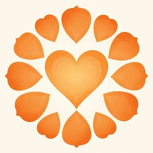 Digital illustration of a large, bright orange heart surrounded by nine smaller, orange heart shapes arranged in a circular pattern on a white background.