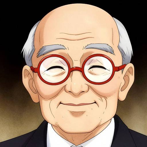 Digital cartoon of an elderly man with bald head, white hair, red round glasses, smiling, wearing black suit, white shirt, against dark gradient background