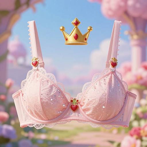 Digital illustration of a pink lace bra adorned with red heart charms, floating with a golden crown above, set against a blurred, colorful garden background.