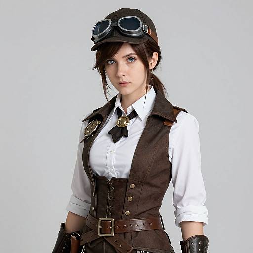 Photograph of a young woman with fair skin, blue eyes, brown hair, and steampunk attire featuring goggles, brown vest, white shirt,