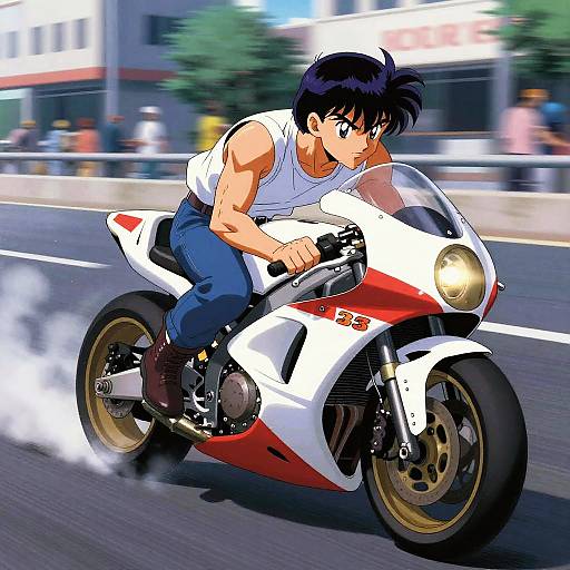 Anime-style drawing of a muscular man with black hair, wearing a white tank top and blue jeans, riding a white and red motorcycle on a city street