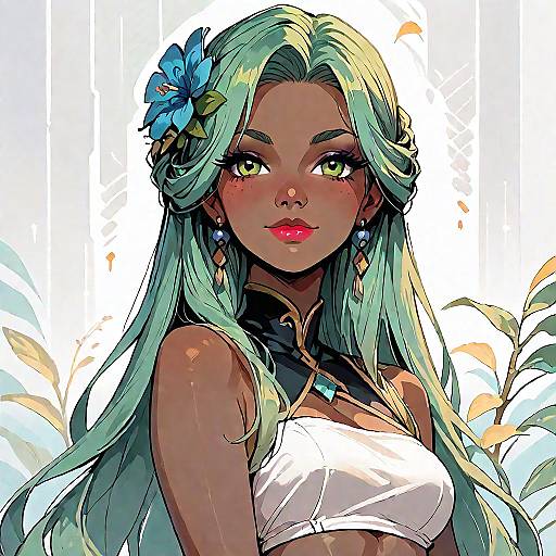 Digital artwork of a dark-skinned, green-eyed woman with long turquoise hair, wearing a white crop top, blue flower in hair, and diamond earrings