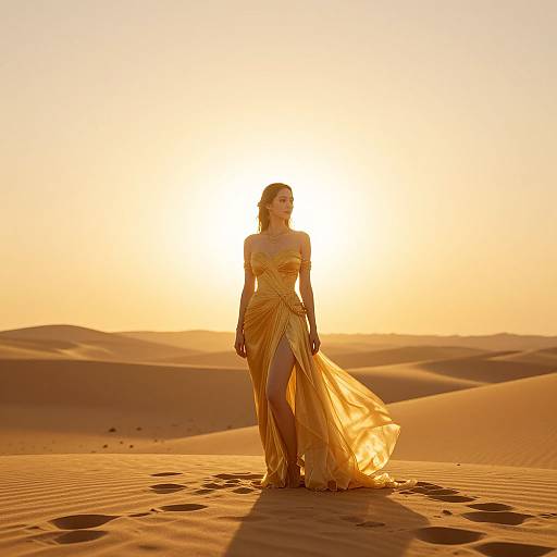 Photograph of a woman in a golden, flowing dress standing in a sunlit desert, with sand dunes and a glowing sunset in the background.