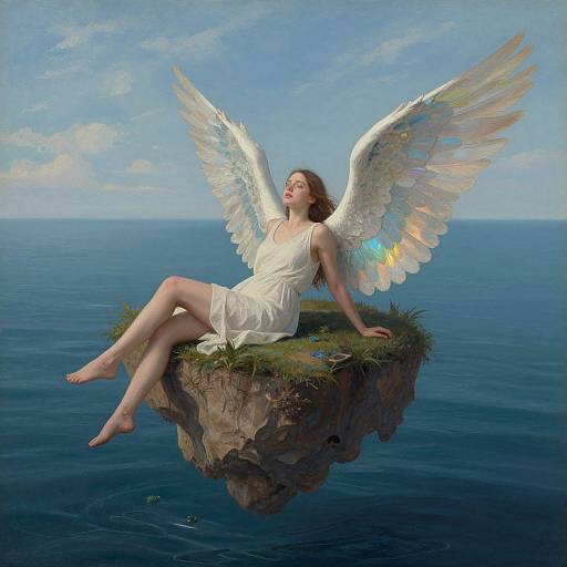 Digital painting of a serene angelic woman with iridescent wings, wearing a white dress, sitting on a floating rocky island over a calm blue ocean