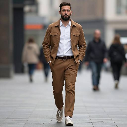 Photograph of a bearded man with dark hair, wearing a brown jacket, white shirt, brown pants, and white sneakers, walking confidently down a