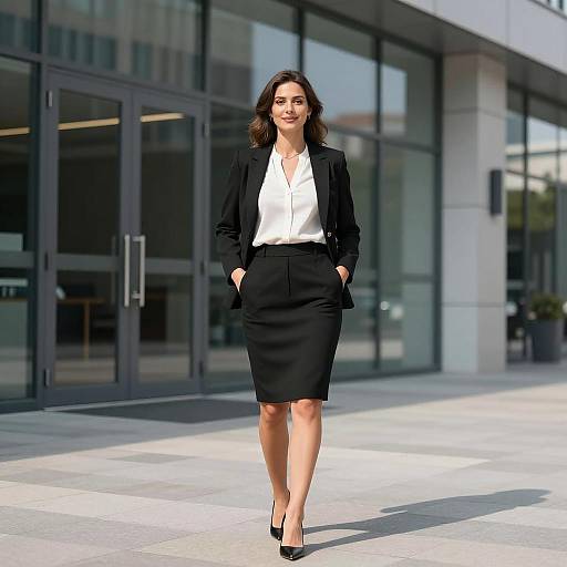 Confident Businesswoman in Black Suit Walking Outdoors