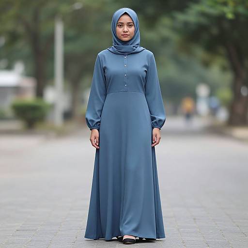 Photograph of a young woman in a long, flowing blue hijab and dress, standing on a paved path with blurred green trees in the background.