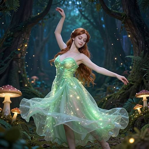 Fairy-like woman with long red hair in glowing green, sparkly dress dances in enchanted forest with glowing mushrooms and fireflies.