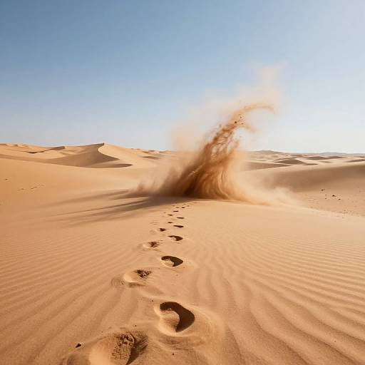 Photograph of a sunlit desert with rippled sand, a trail of footprints leading to a cloud of sand being kicked up. Clear blue sky