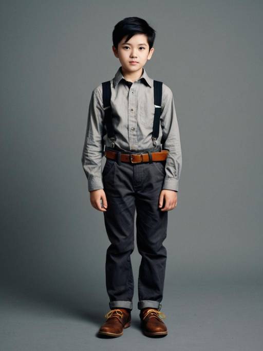 Young Boy in Suspenders and Brown Shoes