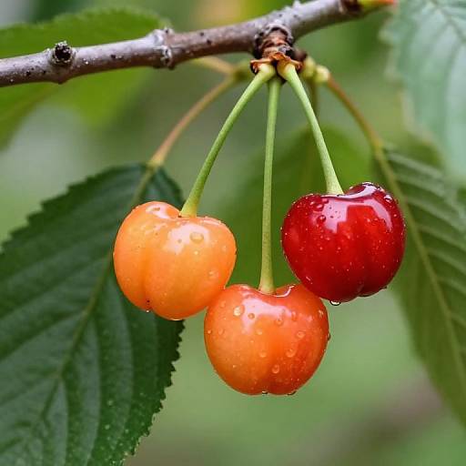 Photograph of three glistening cherry-like fruits—two orange and one red—hanging from a branch with green leaves, dewdrops visible.