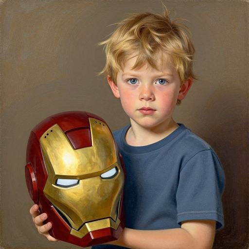 Photograph of a blonde, blue-eyed toddler in a blue shirt, holding a detailed, gold and red Iron Man helmet against a brown background.