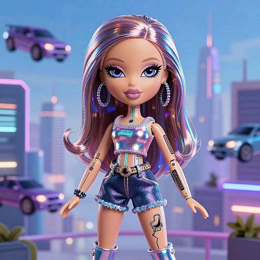 Digital CGI doll with long, shiny brown hair, large blue eyes, wearing a sparkly crop top, denim shorts, and hoop earrings, standing in