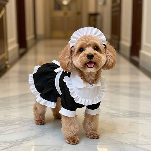 Photograph of a fluffy, light brown poodle dressed in a black and white French maid outfit, standing on a polished marble floor in a luxurious hallway