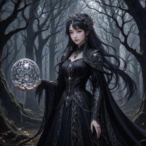 Dark Sorceress with Magical Orb in Enchanted Forest