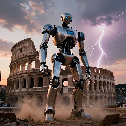 Photorealistic CGI: Silver humanoid robot with glowing blue eyes and joints stands powerfully in front of the Colosseum during a lightning storm,