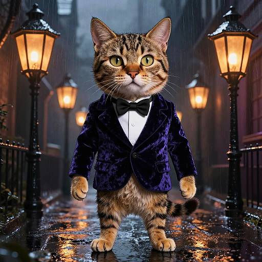 Photorealistic image of a tabby cat in a dark blue velvet tuxedo with black bow tie, standing on a rain-soaked, illuminated