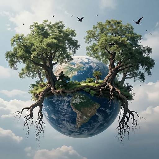 Digital art: Earth floating in sky, covered in lush green trees with exposed roots, surrounded by birds, under a bright blue sky.