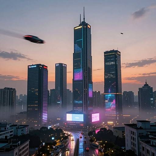 Photograph of a futuristic cityscape at sunset, featuring tall, illuminated skyscrapers with vibrant neon lights, blurred flying drones, and misty streets
