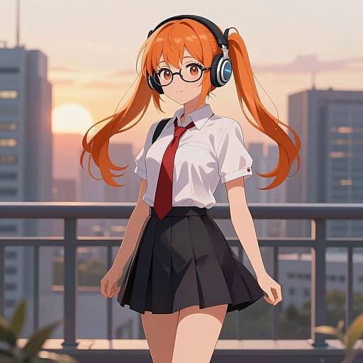 Anime Girl on City Balcony at Sunset