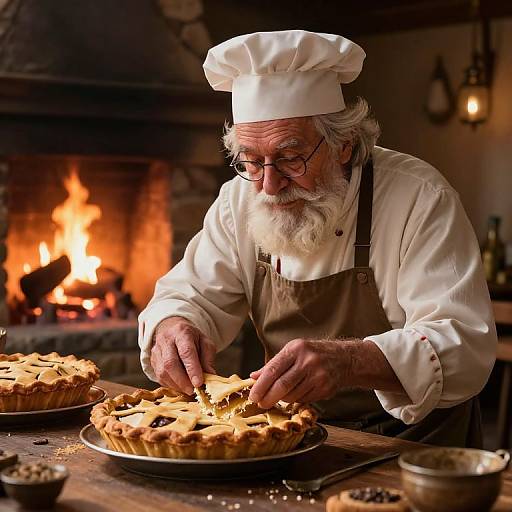 Photograph of an elderly white male baker with a white beard and glasses, wearing a chef's hat and apron, decorating a pie by a warmly