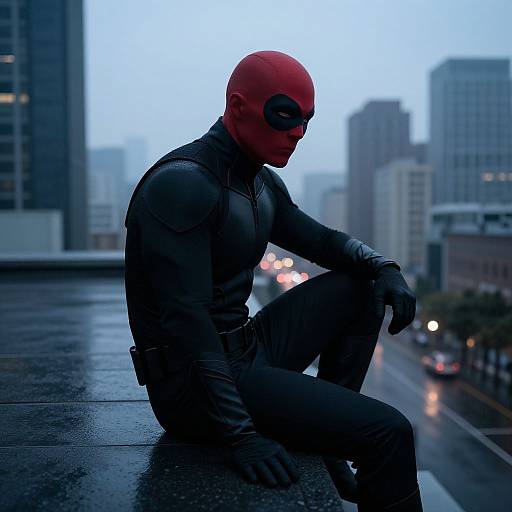 Photograph of a red-masked, black-suited superhero sitting on a wet rooftop at dusk, cityscape blurred in the background.