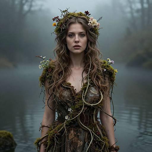 Photograph of a woman with long, wavy brown hair, wearing a moss and flower-adorned, vine-covered dress, standing in a mist