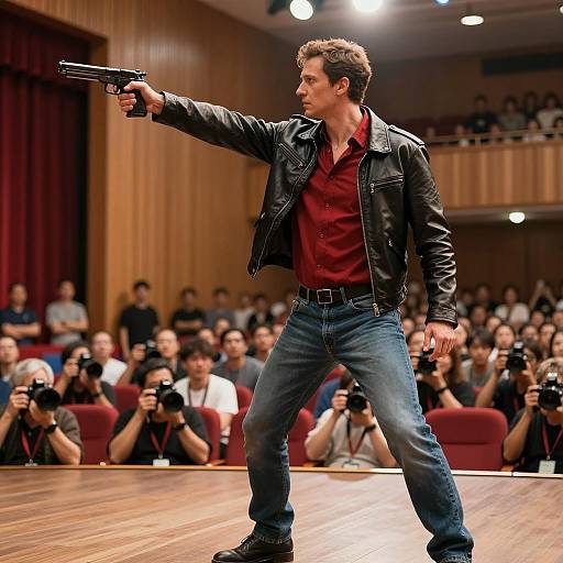 Man aiming gun on stage with audience and photographers