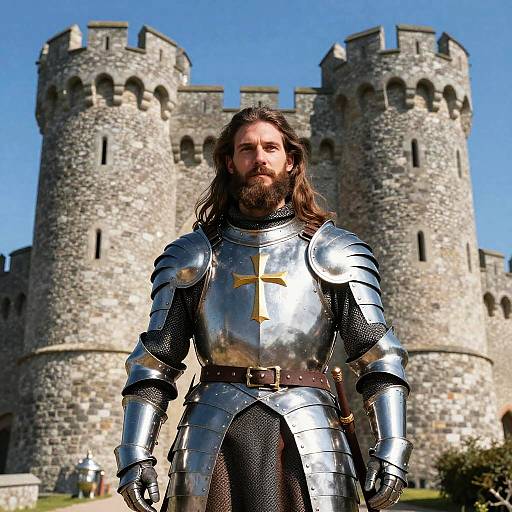 Medieval Knight in Shiny Armor by Ancient Castle
