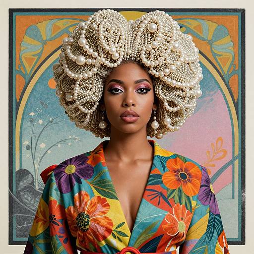 Photograph of a Black woman with large, pearl-adorned Afro hairstyle, wearing a vibrant floral robe, against an art deco background.