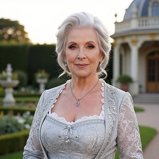 Photograph of an elegant mature woman with silver hair, wearing a white lace dress and necklace, standing in a lush garden with a grand, dome-t