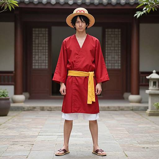 Photograph of an East Asian man in a red kimono with yellow sash, straw hat, and brown sandals, standing in a traditional Japanese courtyard