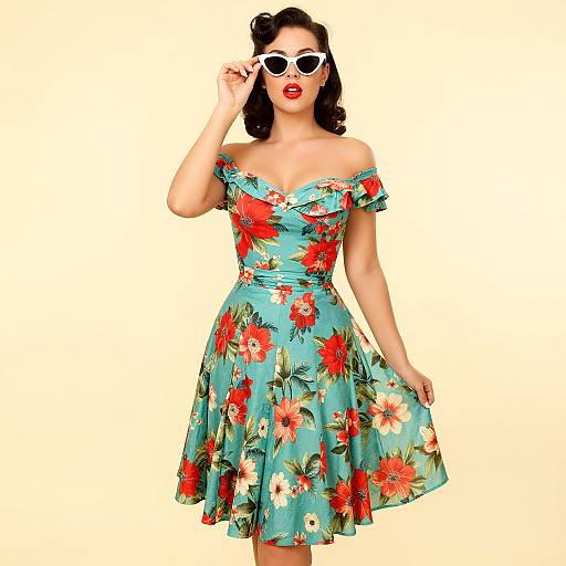 Photograph of a fair-skinned woman with black wavy hair, wearing a teal floral off-shoulder dress, white sunglasses, and red lipstick