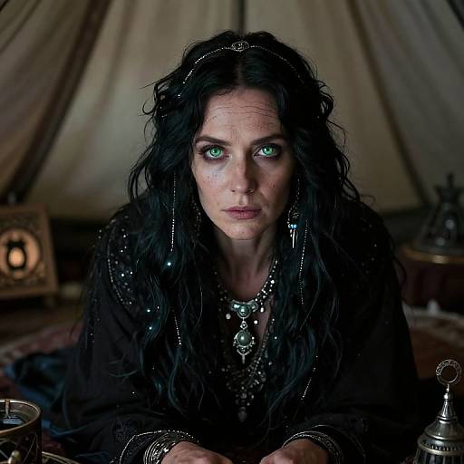Photograph of a fierce woman with long black hair, piercing green eyes, and dark, ornate clothing, seated inside a dimly lit tent.