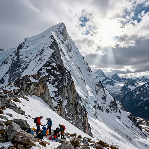 Photograph of hikers in colorful gear on a snowy mountain peak, sunlight streaming through clouds, rugged rocky terrain, and majestic snow-covered peaks in background